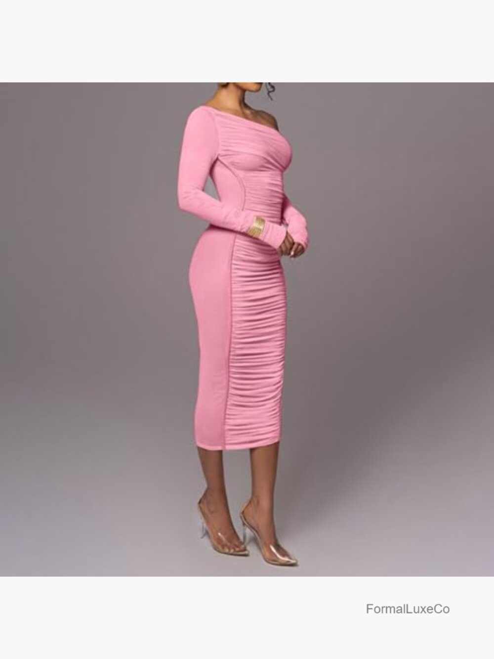 Sexy Off Shoulder Mesh Long Sleeve Bodycon Maxi Dress Ruched Party Club - Picture 2 of 6
